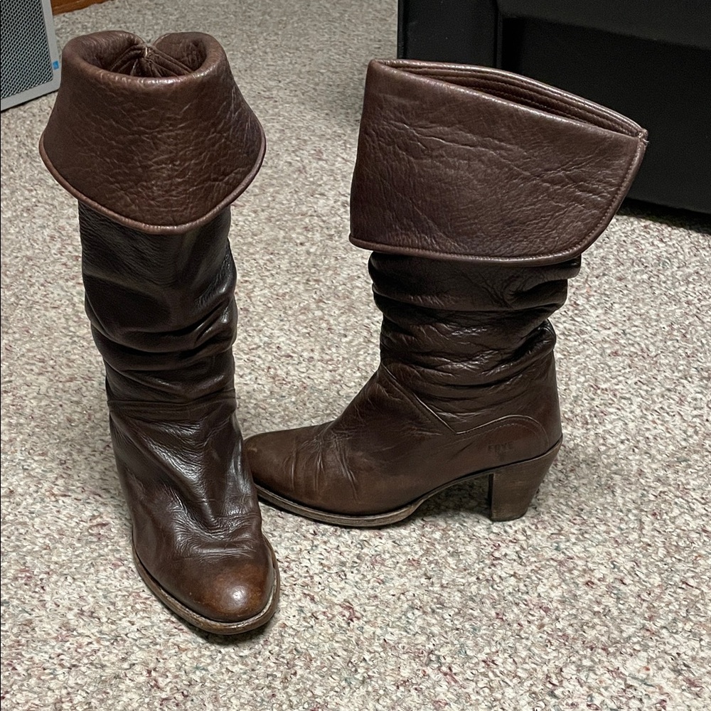 Frye Brown scrunch Leather Women's Boots with fold up or over flap
